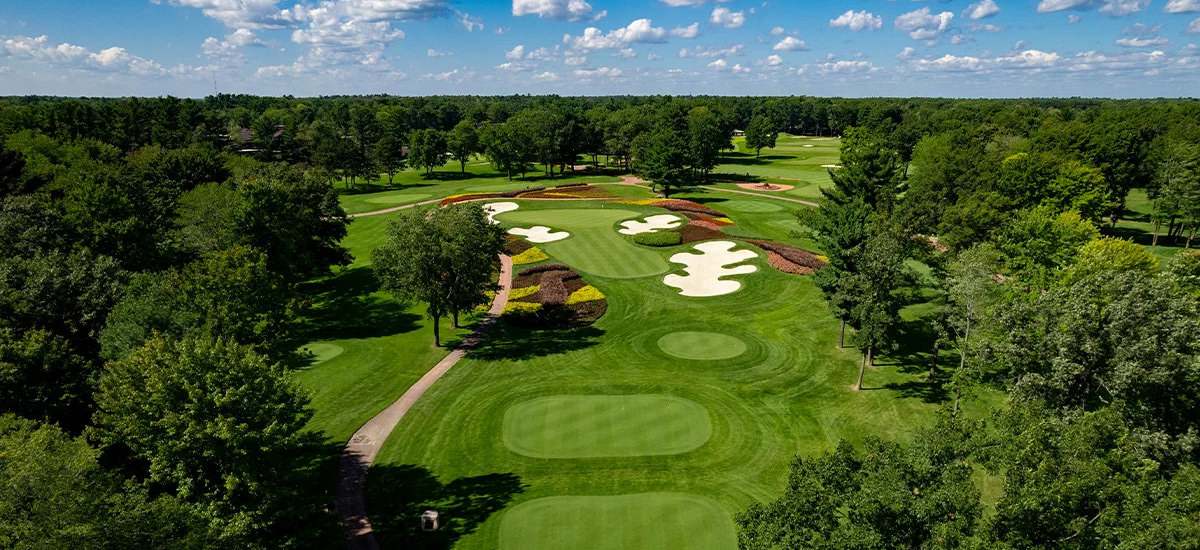 aerial view of flower hole and fairway at sentryworld